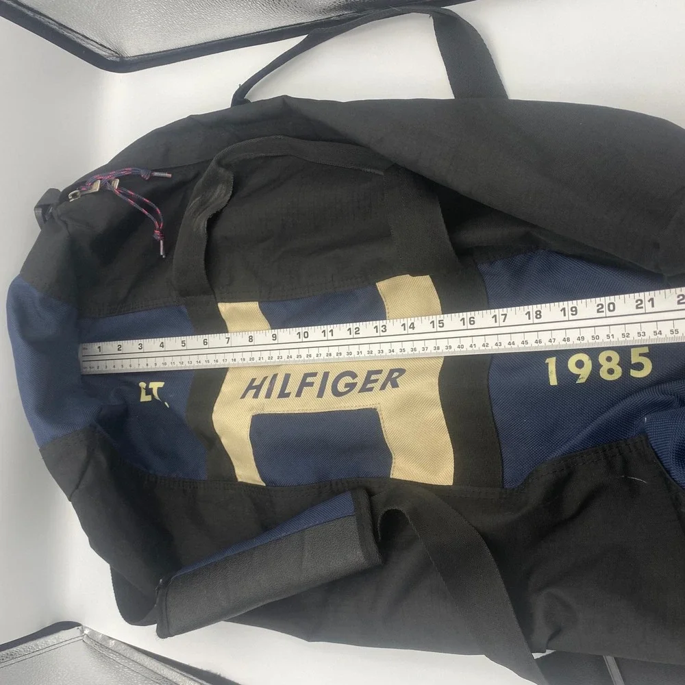 Tommy Hilfiger Duffle Bag Gym Travel Carry On Black Blue Logo 1985 Y2K Style EUC